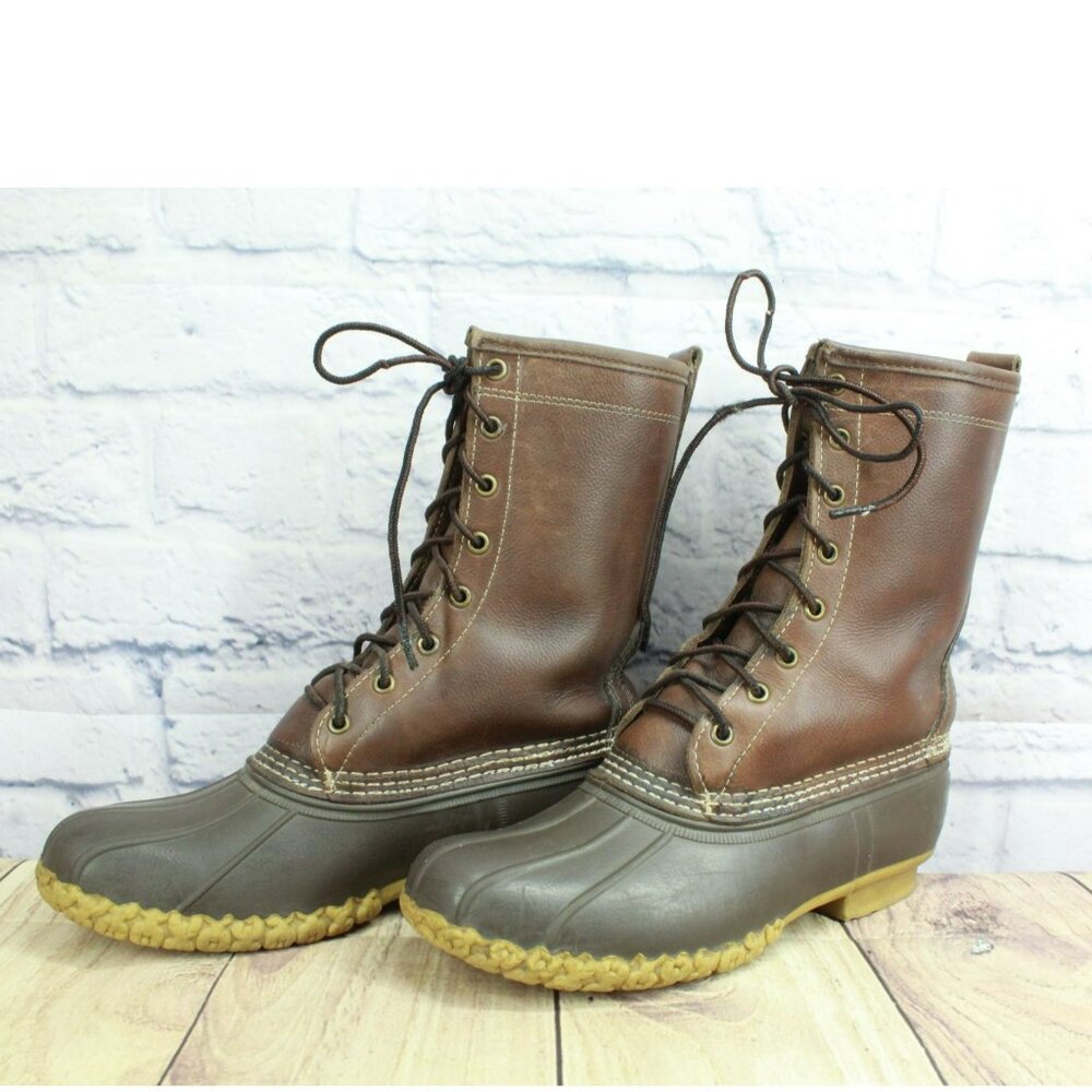 LL Bean Brown Leather Lace Up Insulated Shearling Lined Mid Calf Duck Boots 8 M - Picture 2 of 10